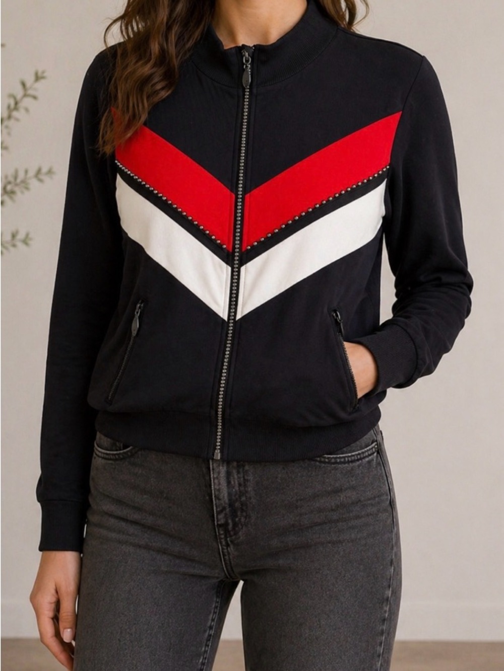 ❤️ Mock neck rhinestone zip up stretch track leisure sweater